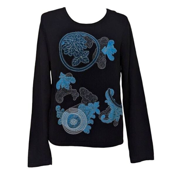 New Spanner Black Royal Blue Gray Floral Leave Abstract Sweater Top Crew Neck XL - Picture 1 of 8